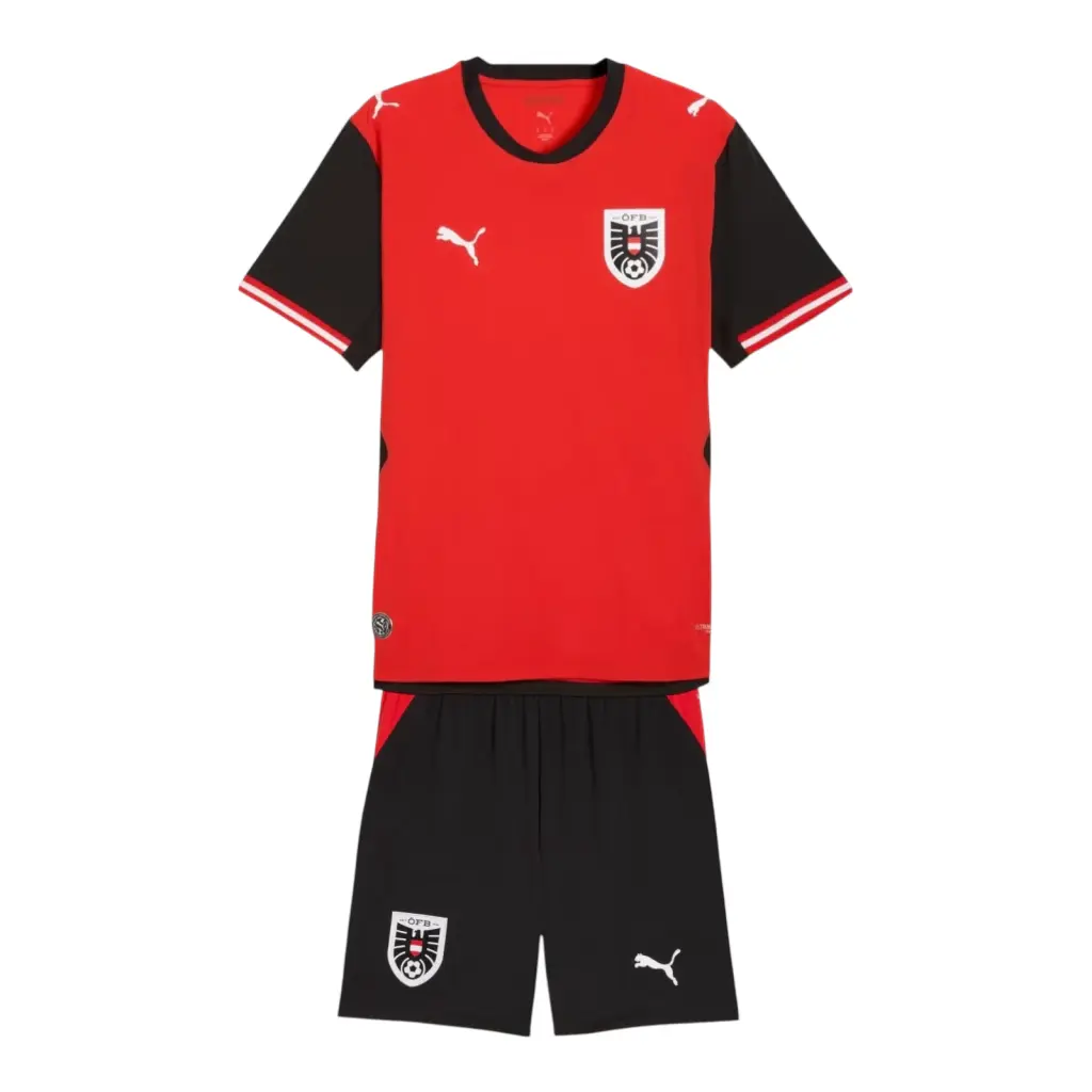 Kit Infantil Seleção Áustria I 26/27 - Puma - Vermelho e preto — imagem 1